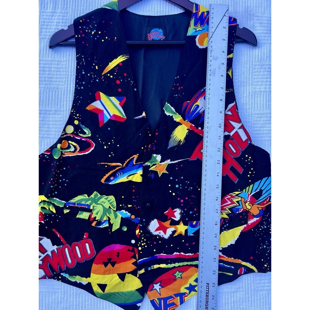 1990s Planet Hollywood Space Print Rayon Vest Large Black Retro Neon Made Taiwan
